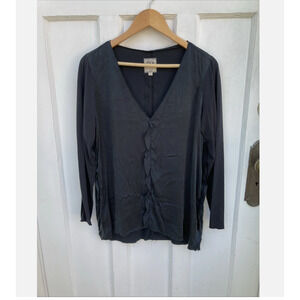 Go By GoSilk Womens Washable V Neck Long Sleeve Blouse Black Ruffle Detail sz XS